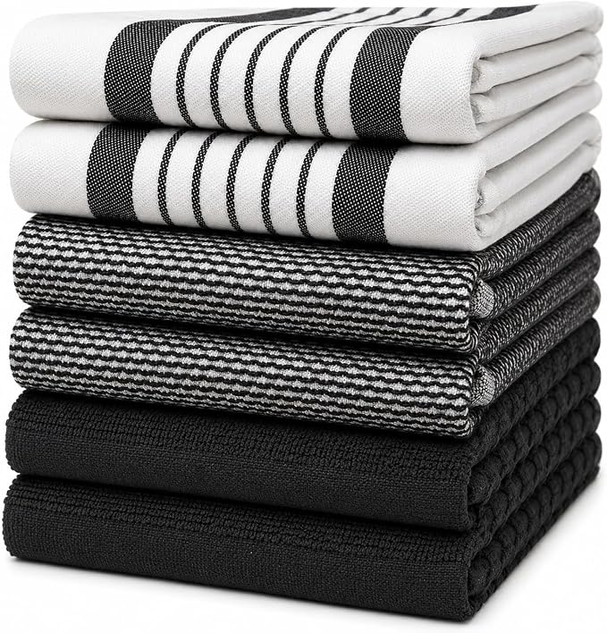 Premium Kitchen Towels (20”x 28”, 6 Pack) | Large Cotton Dish Towels | Flat & Terry Highly Absorbent Kitchen Linen Set with Hanging Loop | Black Striped