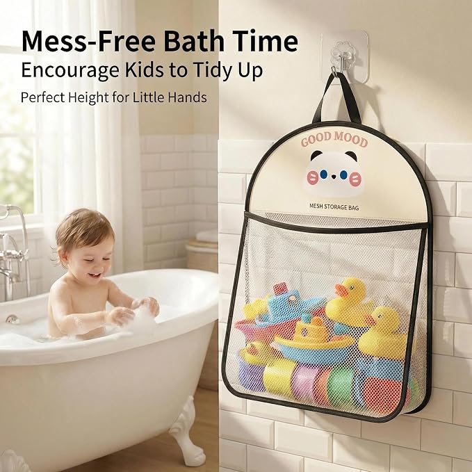Good Mood Toddler Bath Toy Organizer, Large Capacity Baby Bathtub Toy Storage with Adhesive Hooks, Toy Organizers and Storage for Bath Toys, Bath Toy Holder Kids Bathroom Decor