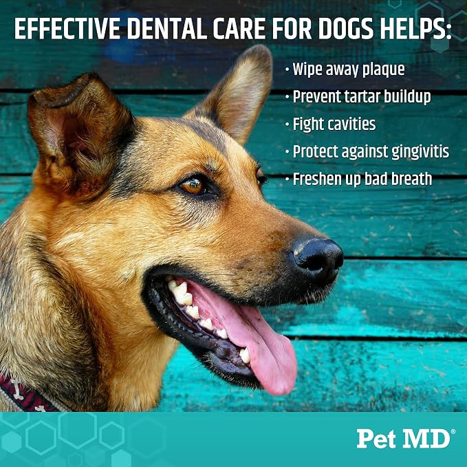 Pet MD Dental Wipes for Dogs Teeth - Fresh Apple & Mint Flavor - 100ct | Dog Teeth Cleaning Wipes to Remove Plaque and Tartar - Promotes Healthy Gums & Fresh Breath for Overall Oral Hygiene