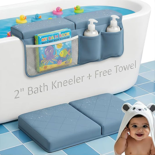 2inch Extra Thick Baby Bath Kneeler and Elbow Rest Pad Set + Hooded Towel | Embroidered Design Kneeling Pad for Bathing Baby | Dual-Layer Memory Foam Bathtub Kneeler and Elbow Rest Set