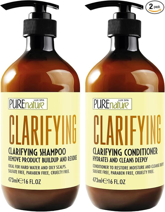 Clarifying Shampoo and Conditioner Set - Sulfate Free Hair Care Products for Women and Men - Deep Cleansing for Oily Scalp - Ideal for Swimmers - 16 Fl Oz (Set of 2)
