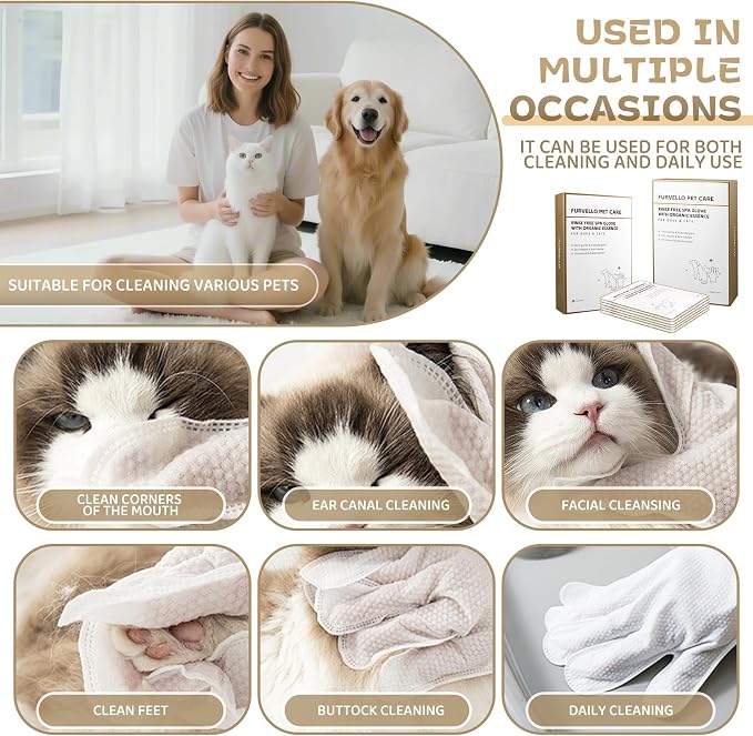 Pet Glove Wipes for Dogs & Cats, 7 Plant Extracts, Hypoallergenic Pet Cleaning Wipes, Dog Washing Gloves Extra Thick, Lick-Safe, Rinse Free for Grooming and Travel, 6PCS