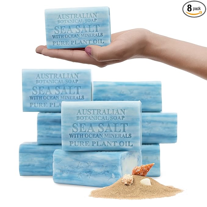 Australian Botanical Soap, 6.6 OZ, Sea Salt and Ocean Minerals, Triple Milled Bars made with a Natural Soap Base and Enriched with Organic Shea Butter, Pack of 8