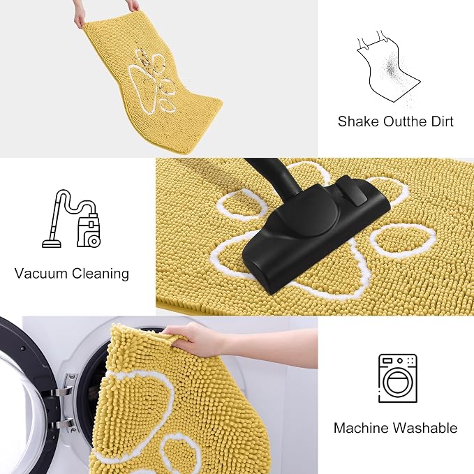 Smiry Dog Door Mat for Muddy Paws, Absorbent Dirt Trapper Non Slip Quick Dry Washable Chenille Mat for Mud Dogs, Entry Rug for Indoor and Outdoor (36x24 Inches, Yellow and White)
