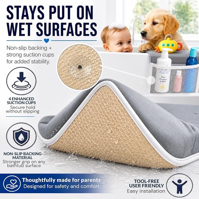 Comfortable Baby Bath Kneeler and Elbow Rest Pad Set, Non-Slip Bathtub Kneeling Pad for Bathing Baby, Bath Tub Cushion Mat, Elbow Pads, Toy Organizer Storage Pockets, Strong Suction Cups