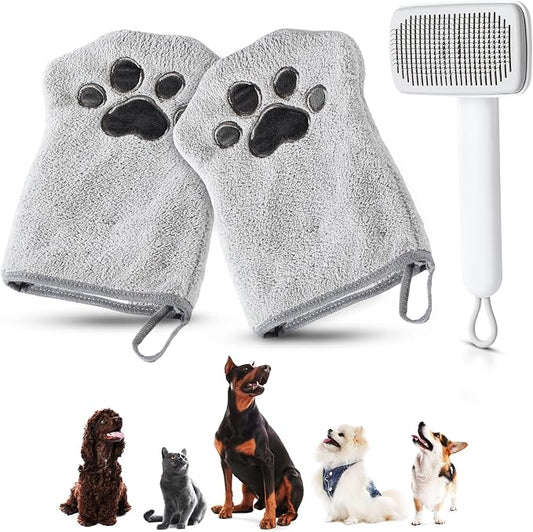 Muddi Mitt Microfiber Reusable Pet Wipes Grooming Towel Glove | Machine-Washable, Soft, Double-Sided Bath Mitt Replaces Wipes | with Self Cleaning Deshedding Grooming Brush | Dogs & Cats (Kit)