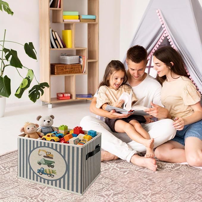 Construction Boy Nursery Foldable Storage Bins Box with Handles, Blue Striped Truck Car Collapsible Organizer Basket for Boys Kids Toddler Bedroom Bathroom Playroom Clothes Books