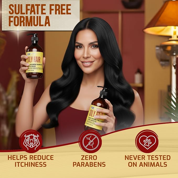 Oily Hair Shampoo and Conditioner Set - Sulfate Free Moisturizing Cleanse for Oily, Flaky Scalps - Fights Dandruff and Itchiness - Salon Professional Formula - For Men and Women - 16 Fl Oz (Set of 2)