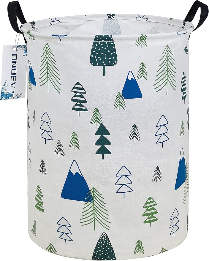 Round Forest Laundry Hamper, Household Storage Bin | waterproof foldable canvas bin with sturdy grip handles, large capacity, tidy organizer for bath linens and kids garments