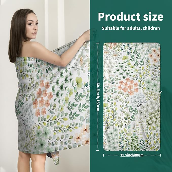 Sage Green Leaves Bath Towel High Absorbent Coral Fleece Large Towels for Bathroom Beach