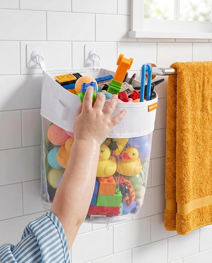 Bath Toy Organizer with Quick Release Zipper, Large Mesh Baby Bath Toy Storage Bag, Wall-Mounted Foldable Bathroom Organizer for Bathtub Toys, Fast Drying Holder with Adhesive Hooks