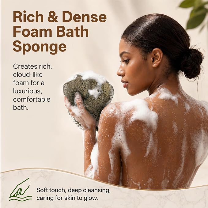 African Net Sponge for Shower, 2PCS Exfoliating Shower Sponge with Waterproof Travel Bag, Quick-Drying African Wash Cloth for Deep Cleansing & Smooth Skin (Linen & Light Brown)