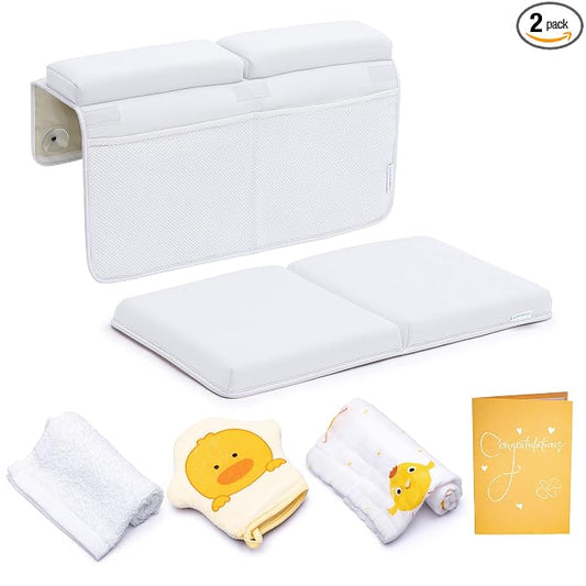 Bath Kneeler and Elbow Rest Pad, Extra Thick Baby Bath Kneeling Pad and Elbow Pad for Bathtub. Bath Tub Elbow Pad with Infant Toy and Baby Accessories Organizer, Off White Color