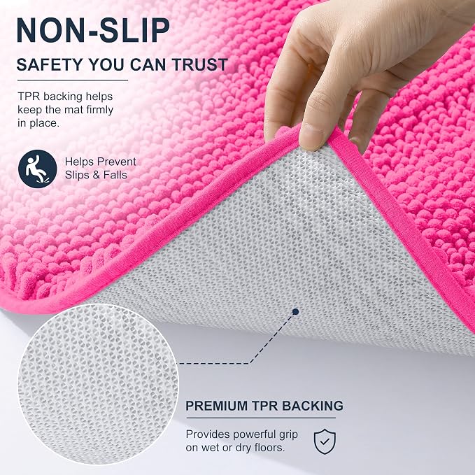 Smiry Thick Small Chenille Bathroom Rugs 24x16, Extra Soft Absorbent Striped Bath Mat, Machine Washable, Rubber Backing, Bath Rugs for Bathroom, Tub & Shower, Home Decor Accessories, Hot Pink