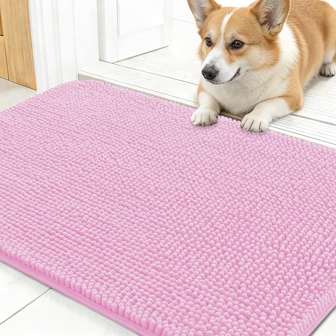 OLANLY Dog Door Mat for Muddy Paws 30x17, Absorbs Moisture and Dirt, Absorbent Non-Slip Washable Doormat, Quick Dry Chenille Mud Mat for Dogs, Entry Indoor Entryway Carpet for Inside Floor, Pink