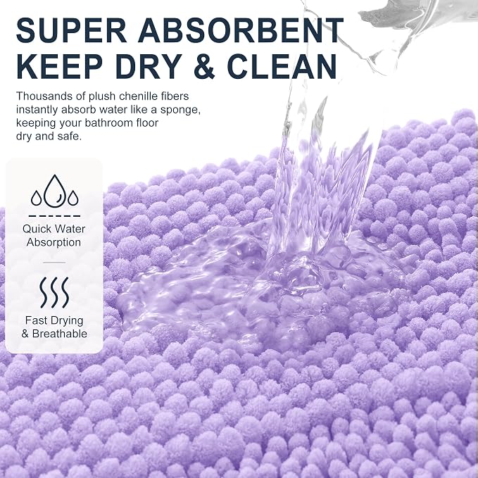 Smiry Thick Chenille Bathroom Runner Rugs 47x20, Extra Absorbent Striped Bath Mat, Machine Washable, Rubber Backing, Long Bath Rugs for Tub & Shower, Modern Home Decor Accessories, Lavender