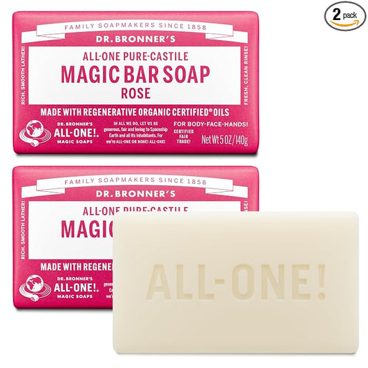 Dr. Bronner's Pure-Castile Magic Bar Soaps - Made with Regenerative Organic Certified Oils - For Face, Body, Hair- Vegan Soap Bars for Men & Women - Rose 2 pack, 5 oz