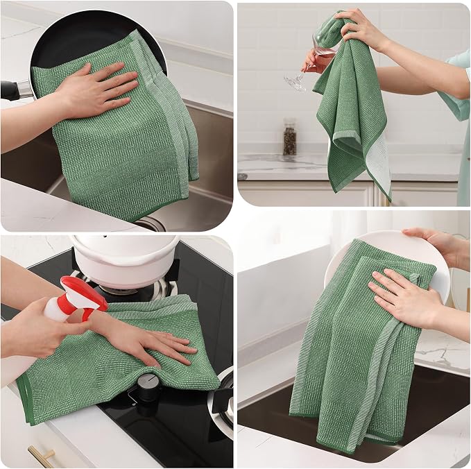 Mordimy Premium Kitchen Towels 8 Pack (18 x 28 Inches, Grass Green), Large Cotton Kitchen Hand Towel, Flat & Terry Dish Towels for Drying Dishes, Super Absorbent Tea Dishtowels Set with Hanging Loop