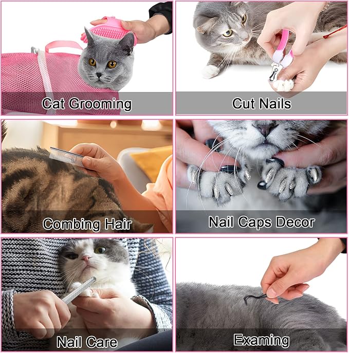 JULMELON 10PCS Cat Bathing Bag Adjustable Shower Washing Net Grooming Set | Polyester Mesh, Kitten Adult Pet Grooming, Shower Bathing Nail Trimming Examination, Brush Clipper File Comb Tick Tool Caps