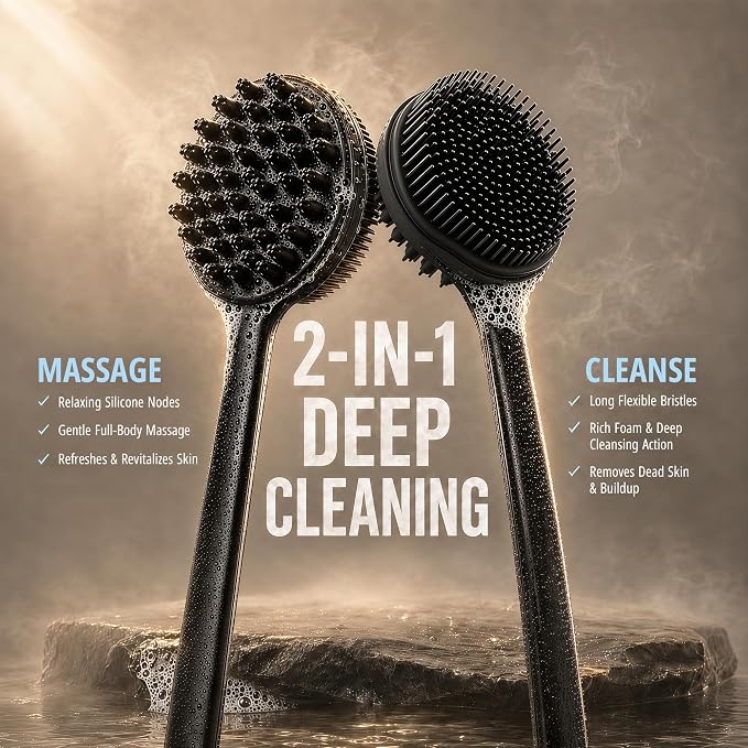Back Scrubber for Shower, 15.7" Loofah with Handle, Back Shower Brush with Bristles and Loofah, Dry Brushing Body Brush for Cleanse Back with Curved Long Handle (Black)