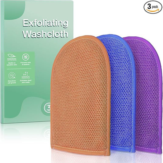 African Net Sponge Exfoliating Gloves, 3-Pack Bath Mitts for Deep Cleaning & Dead Skin Removal, Assorted Colors （Brown, Blue, Purple）