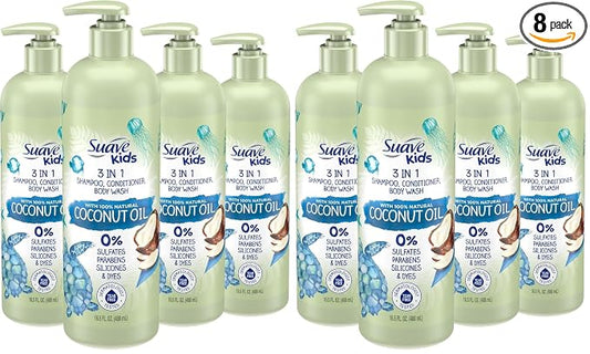 Suave Kids Natural Coconut Oil 3-in-1 Tear Free, Body Wash, Shampoo and Conditioners, No Sulfates, Parabens, Silicones, Dyes, 16.5 Oz, (Pack of 8)