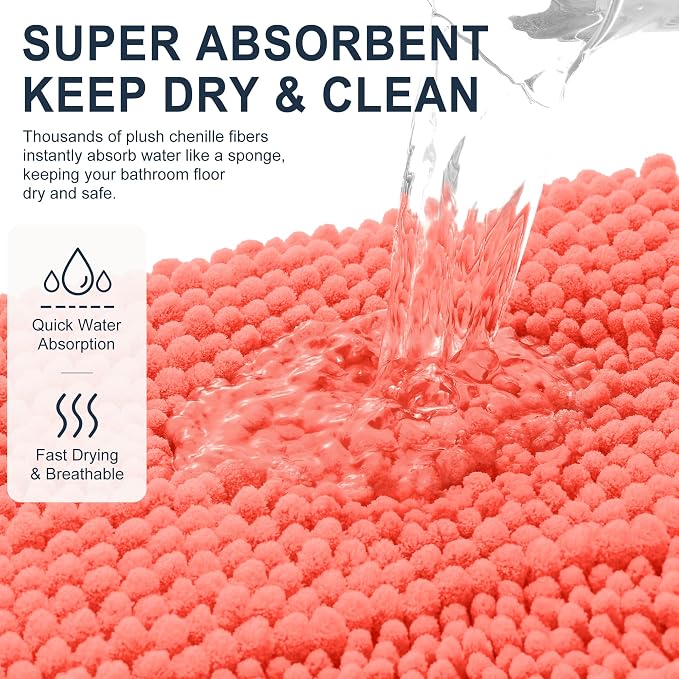 Smiry Thick Chenille Bathroom Runner Rugs 59x20, Absorbent Striped Bath Mat, Machine Washable, Rubber Backing, Extra Long Bath Rugs for Tub & Shower, Modern Home Decor Accessories, Coral