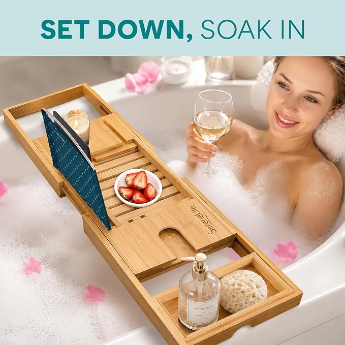 SereneLife Luxury Bamboo Bathtub Caddy Tray - Adjustable Natural Wood Bath Tub Organizer with Wine Holder, Cup Placement, Soap Dish, Book Space & Phone Slot for Spa, Bathroom & Shower - SLBCAD20