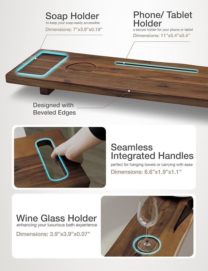 Tinamo Acacia Bathtub Tray Caddy with Adjustable Legs - Bath Tub Tray for Freestanding Tubs - 39x9.75 Inch Large Wooden Anti-Tipping Tub Tray for Bathtub with Accessories Holders (Walnut, 39x9.75) | Acacia Wood, Adjustable Width, 39" x 9.8" x 2.5", Mul...