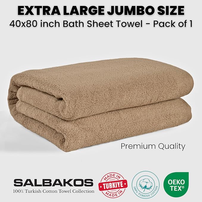 SALBAKOS Luxury 100% Turkish Cotton Bath Sheets 40x80 in Oversized Extra Large Bath Towels Thick Soft Absorbent Turkish Towel for Spa Beach (Pack of 1) (Taupe, Jumbo Bath Sheet)
