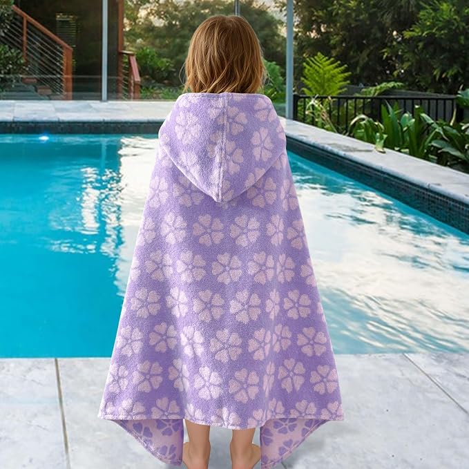 VOOVA & MOVAS Kids Hooded Beach Towel,(3-6 Years),100% Cotton,Absorbent Quick Dry Lightweight Hooded Towel for Pool | Swim | Beach | Bath, Girls Wrap Towel with Hood, Jacquard Purple Flower