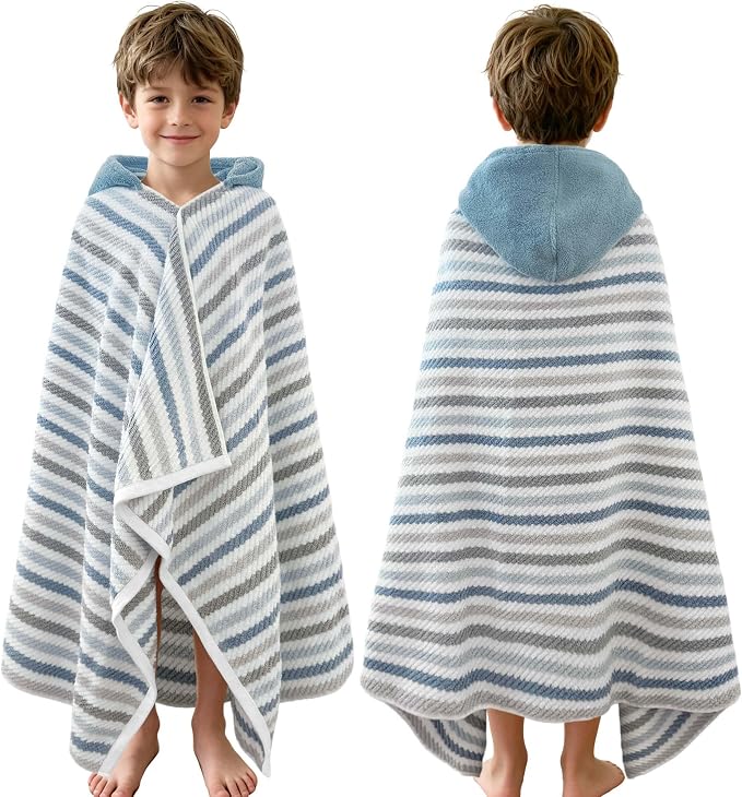 VOOVA & MOVAS Hooded Towel Wrap for Kids(6-10 Years, 57''x30'') | 100% Cotton | Soft Absorbent Fast-Drying | Versatile Beach, Pool, Swim & Bath Cover-Up, Multicolor Stripe