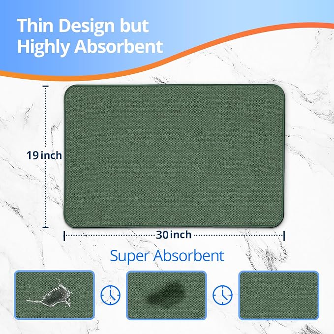 Upgraded Bath Mat 19x30Inch, Thin Bath Mats Rugs with Rubber Backing Non-Slip, Absorbent,Quick Dry Machine Washable, Home Decor Accessories Cozy Cloth Bathroom Rugs fit Under Door/Sink/Tub-Green