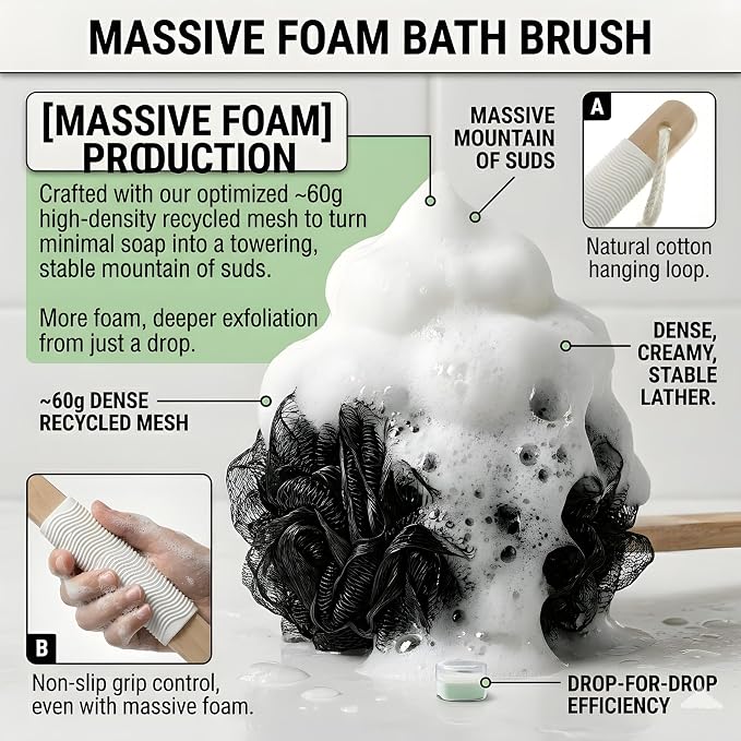 Long Handle Back Scrubber for Shower - About 16.5" Bath Brush with Non-Slip Grip - Body Loofah for Deep Exfoliation, Skin Polishing & Limited Mobility