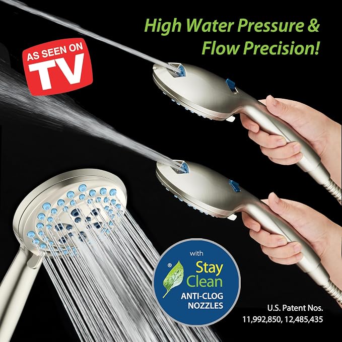 AquaCare Seen-On-TV High Pressure 8-mode Handheld Shower Head - 2-mode Power Wash to Clean Tub, Tile & Pets, Stay-Clean Nozzles, Extra Long 6 ft. Stainless Steel Hose, Wall & Overhead Brackets, Nickel
