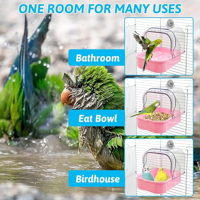 Tfwadmx Bird Cage Bath Hanging Parrot Bath Tub Water Shower Food Feeder Holder Tray Bird Bath Supplies for Small Birds Canary Budgies Cockatiel Lovebirds (Pink)