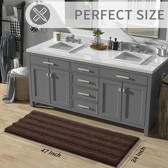 Yimobra Bathroom Rug Mat 47 x 24, Non Slip and Super Absorbent Bath Mat,Machine Washable Quick Dry,Ultra Plush Chenille Shower Rugs for Bathroom Floor Sink Tub and Shower Outside,Brown