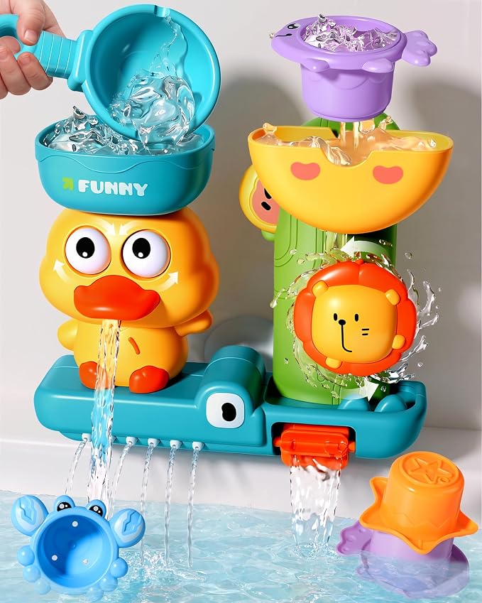 Toddler Bath Toys for Kids Ages 1-3 Waterfall Bathtub Toys for Toddlers 2-4 | with 3 Strong Suction Cups & Stacking Cups Battery-Free Duck Sensory Shower Toys for Boys Girls Gifts