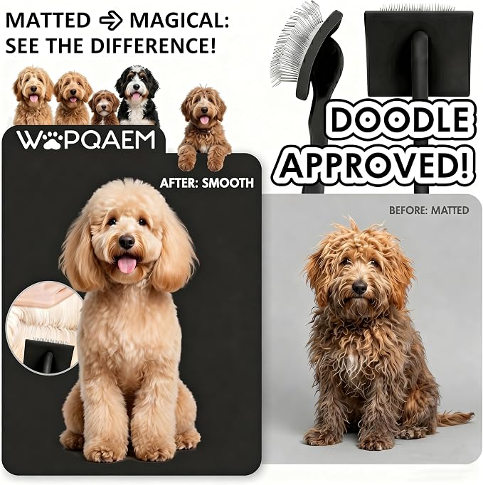 Wooden Long Pin Slicker Brush for Dogs, Doodles, Poodles, Long Hair | Grooming, Detangling, and Fluffing for Wavy and Curly Hair—Designed for Heavy, Thick Coats to Prevent Matting at Home