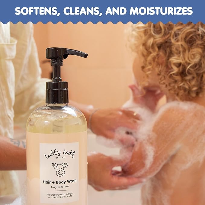 TUBBY TODD Hair + Body Wash - Baby Shampoo and Body Wash - Gentle, Natural Baby Wash for Newborns, Babies, and Toddlers - Non-Toxic and Hypoallergenic - Fragrance-Free, 2 Pack, 8.5oz & 25oz