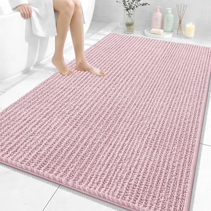OLANLY Bathroom Rug Mat 59x35, Thick Soft and Absorbent Chenille Bath Mat, Non-Slip Rubber Backing, Machine Washable Quick Dry Bath Rugs for Tub Shower Floor, Home Decor Accessories, Dusty Rose