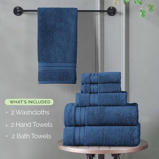 Elegant Comfort Luxury 6-Piece Towel Set, Premium Soft 100% Turkish Cotton, Three Line Popcorn Design 2 Bath Towels, 2 Hand Towels and 2 Washcloths Towel Set - Quick-Drying and Absorbent, Navy Blue