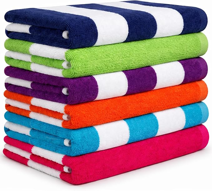 Beach Towels 6 Pack Large 30x60-100% Cotton Beach & Pool Towels Bulk Cabana Stripe - Quick Dry Bath Towel Set for Swim, Beach Essentials, Bathroom, Hot Tub, Yoga, Hotel & Airbnb Guests