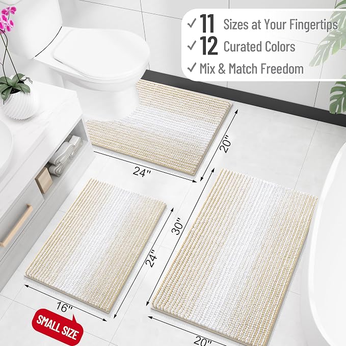 OLANLY Toilet Rugs U-Shaped 24x20, Extra Soft Absorbent Chenille Striped Contour Bathroom Rugs for Toilet, Dry Quickly, Machine Washable, Non-Slip Bath Mat, Beige