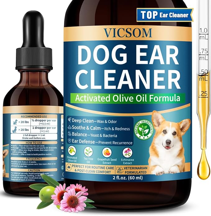 VICSOM Dog Ear Infection Treatment Drops, Natural Dog Ear Cleaner Ear Drops for Itch Relief, Support Wax, Odor & Yeast Infection, Dog Ear Cleaning Solution with Ozonated Olive Oil, 60ml