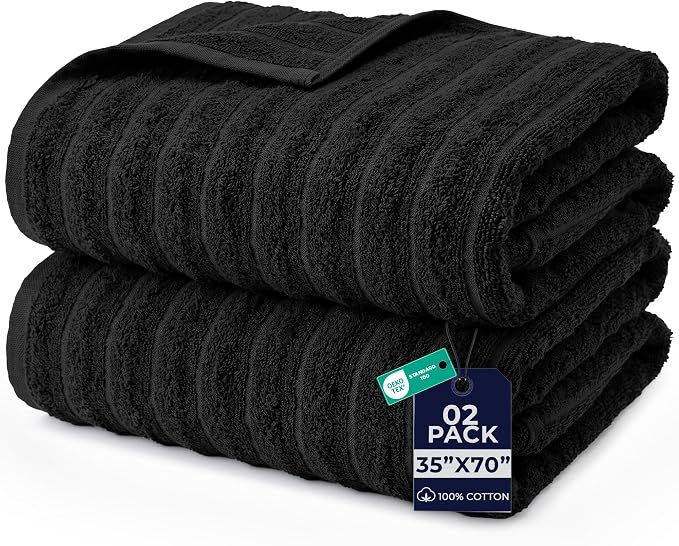DAN RIVER Pack of 2 Bath Sheet 35x70 Inches, Ribbed Oversized Black Bath Towels, Fluffy and Thick Extra Large Bath Sheets