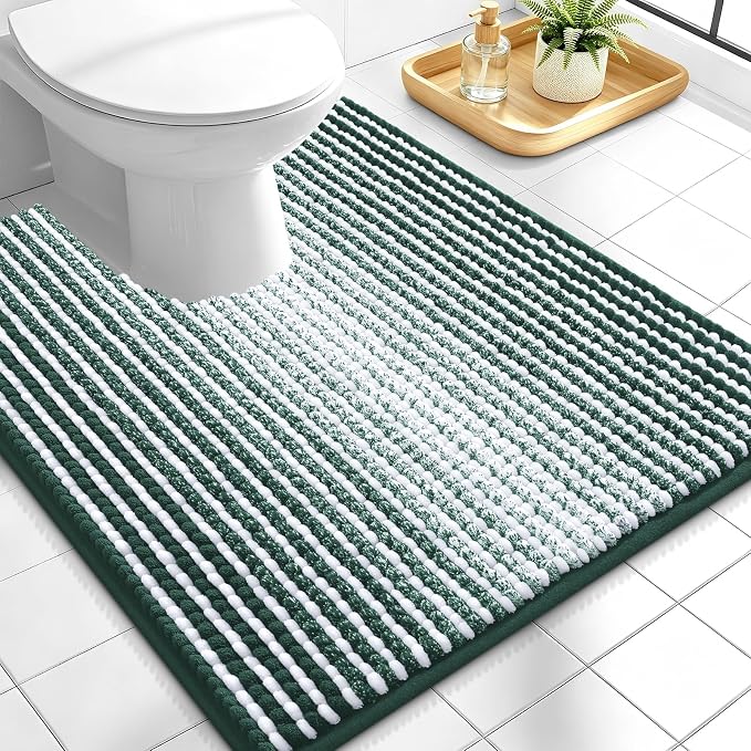 OLANLY Toilet Rugs U-Shaped 24x20, Extra Soft Absorbent Chenille Striped Contour Bathroom Rugs for Toilet, Dry Quickly, Machine Washable, Non-Slip Bath Mat, Blackish Green