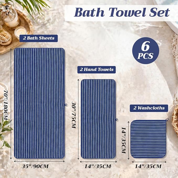 6 Pcs Oversized Bath Towels for Adults 35x70 Inches Blue & White Striped Extra Large Bath Towel Sets Bathroom Sheets Jumbo Shower Towels Quick Dry Absorbent Soft Microfiber for Women Men