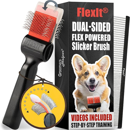 FlexIt Flexible Slicker Brush for Dogs - Dog Grooming Brush for Poodles, Golden Doodles, Huskies, Retrievers, and Labradoodles - Professional 3-in-1 System & Video Trainings (Single, Firm Flex)