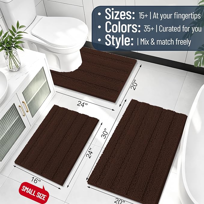 Smiry Thick Chenille Bathroom Runner Rugs 47x24, Extra Absorbent Striped Bath Mat, Machine Washable, Rubber Backing, Long Bath Rugs for Tub & Shower, Modern Home Decor Accessories, Brown